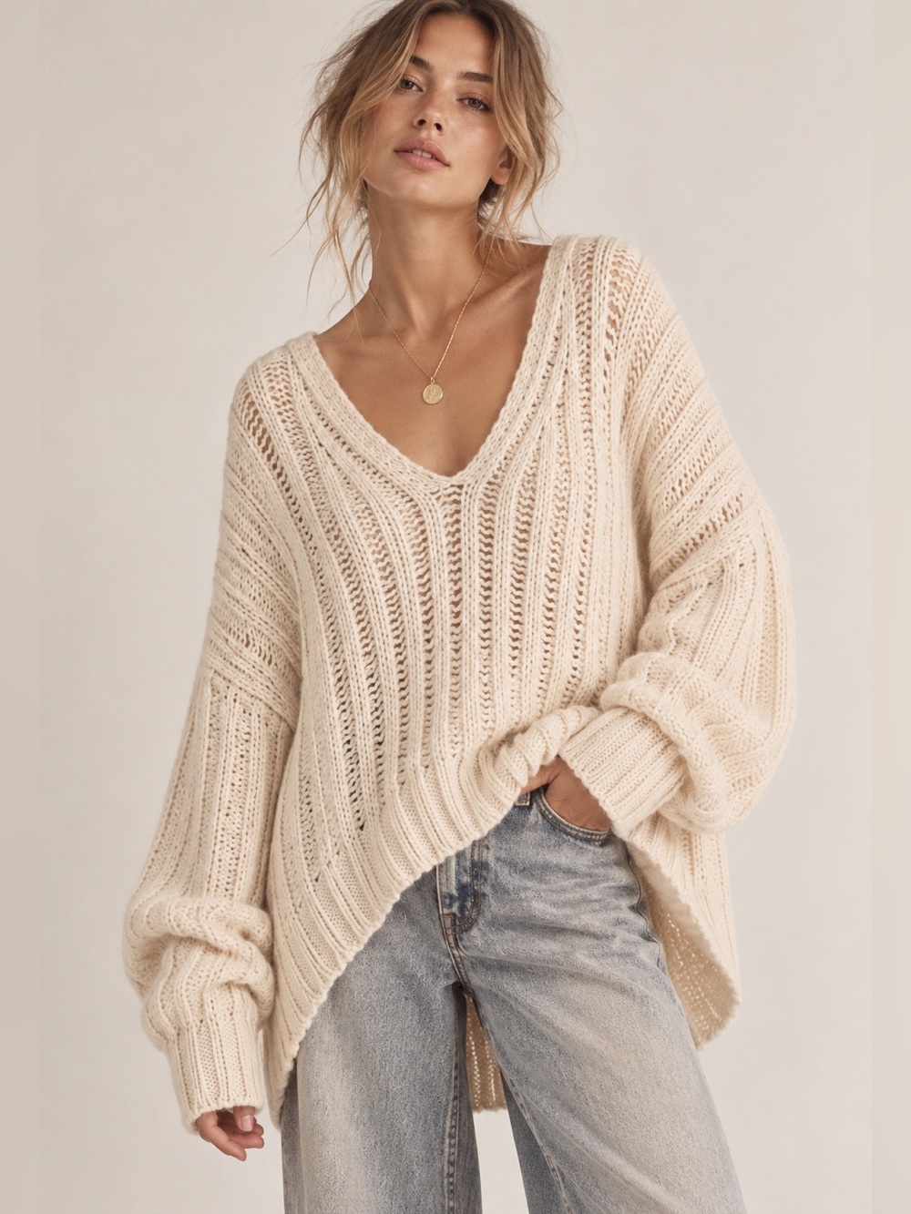 Free People Oversized Chunky Knit 100% Cotton Sweater Boho